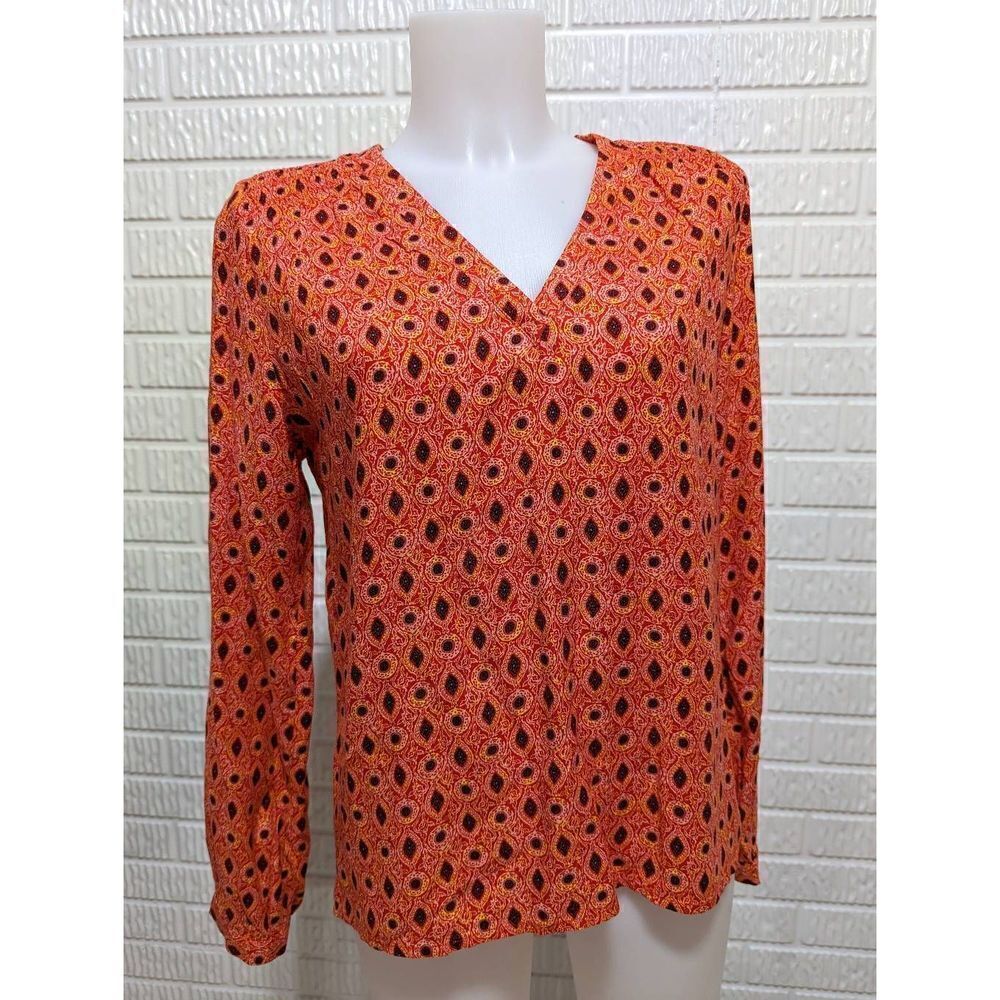 Hinge Women's Orange Printed V-Neck Hi-Low Long-Sleeve Tee Top Size XS